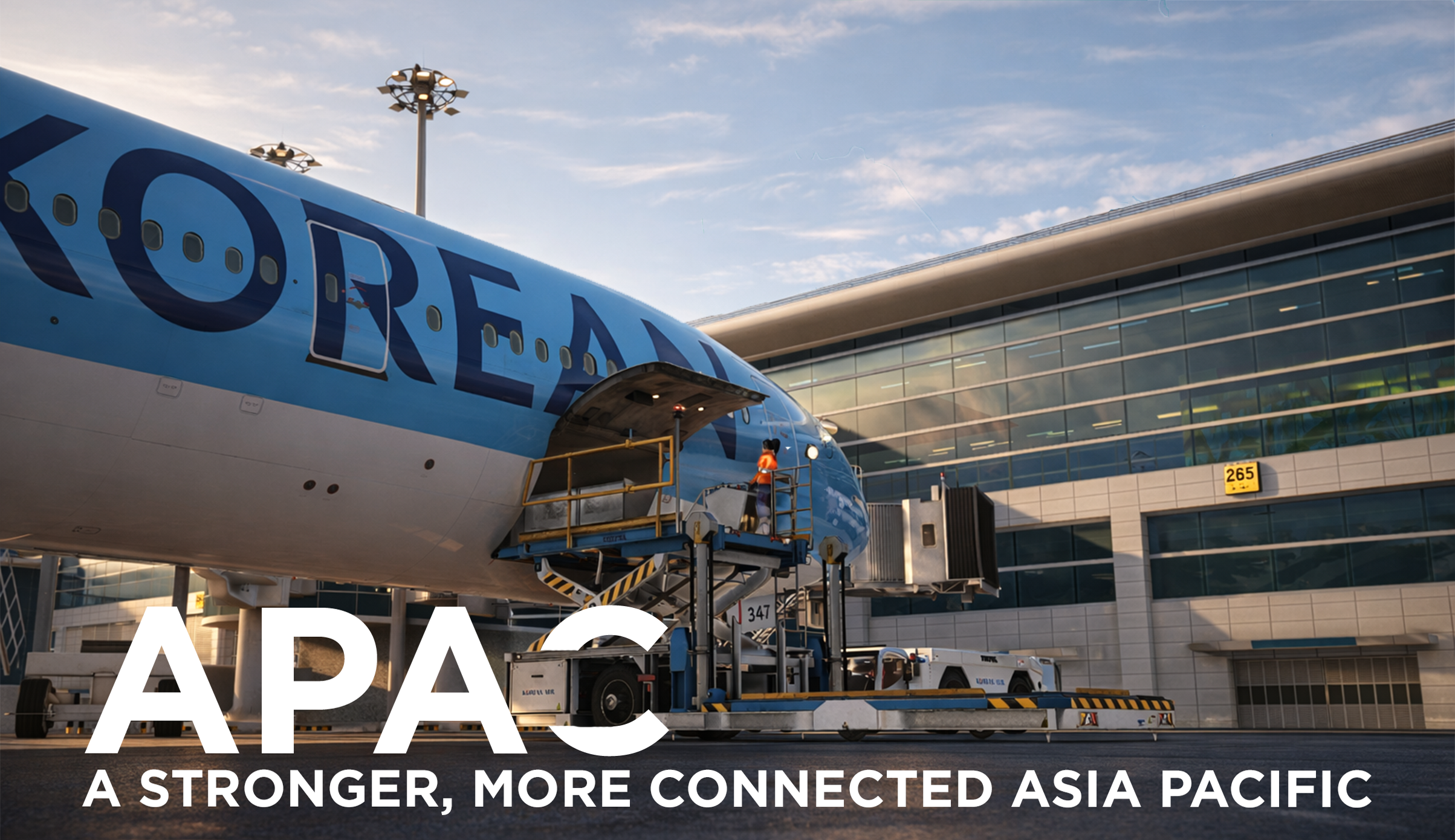 A Korean Air aircraft being serviced at a terminal. APAC — a stronger, more connected Asia Pacific.